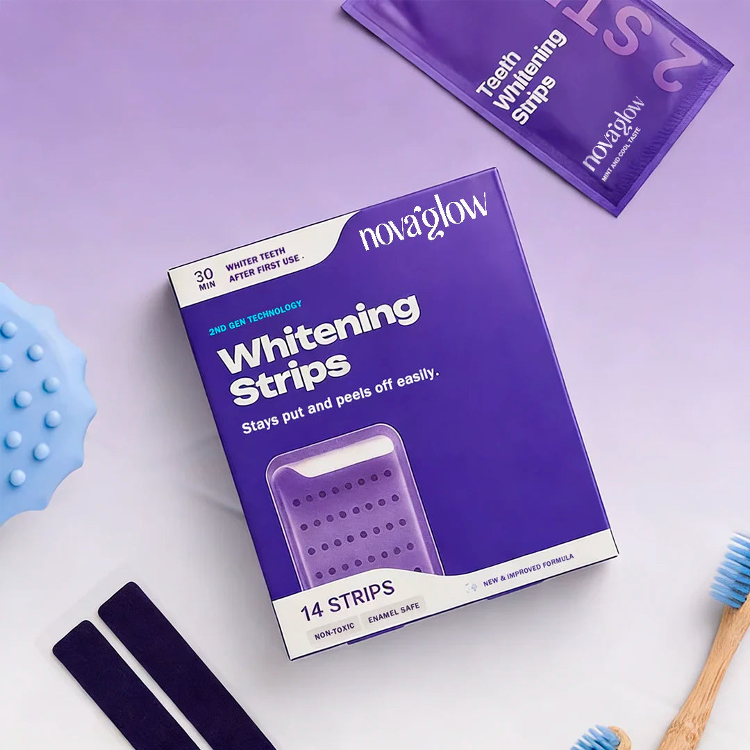 Tiras blanqueadoras de dientes moradas